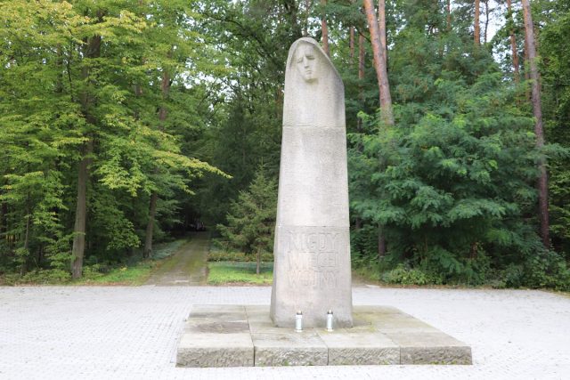 Pomnik w lesie "Kotwica" na tzw. Lisich Jamach z napisem: Nigdy więcej wojny